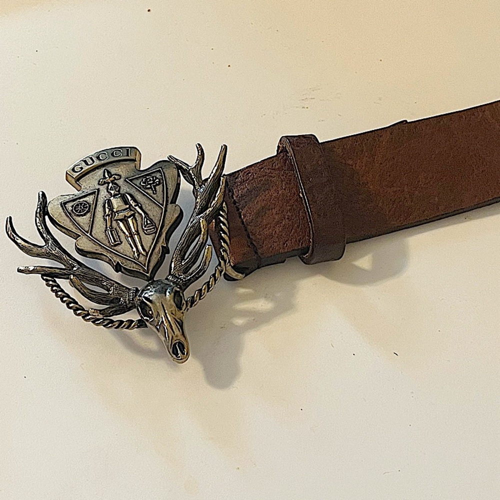 Authentic Gucci Silver Plated Crest & Reindeer Buckle Brown Leather Belt - Picture 2 of 8